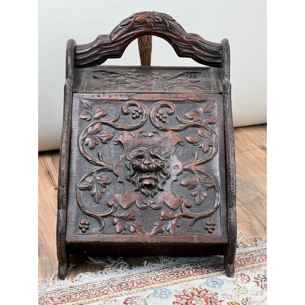 Antique Carved English Oak Coal Scuttle with Liner and Shovel c. 1820