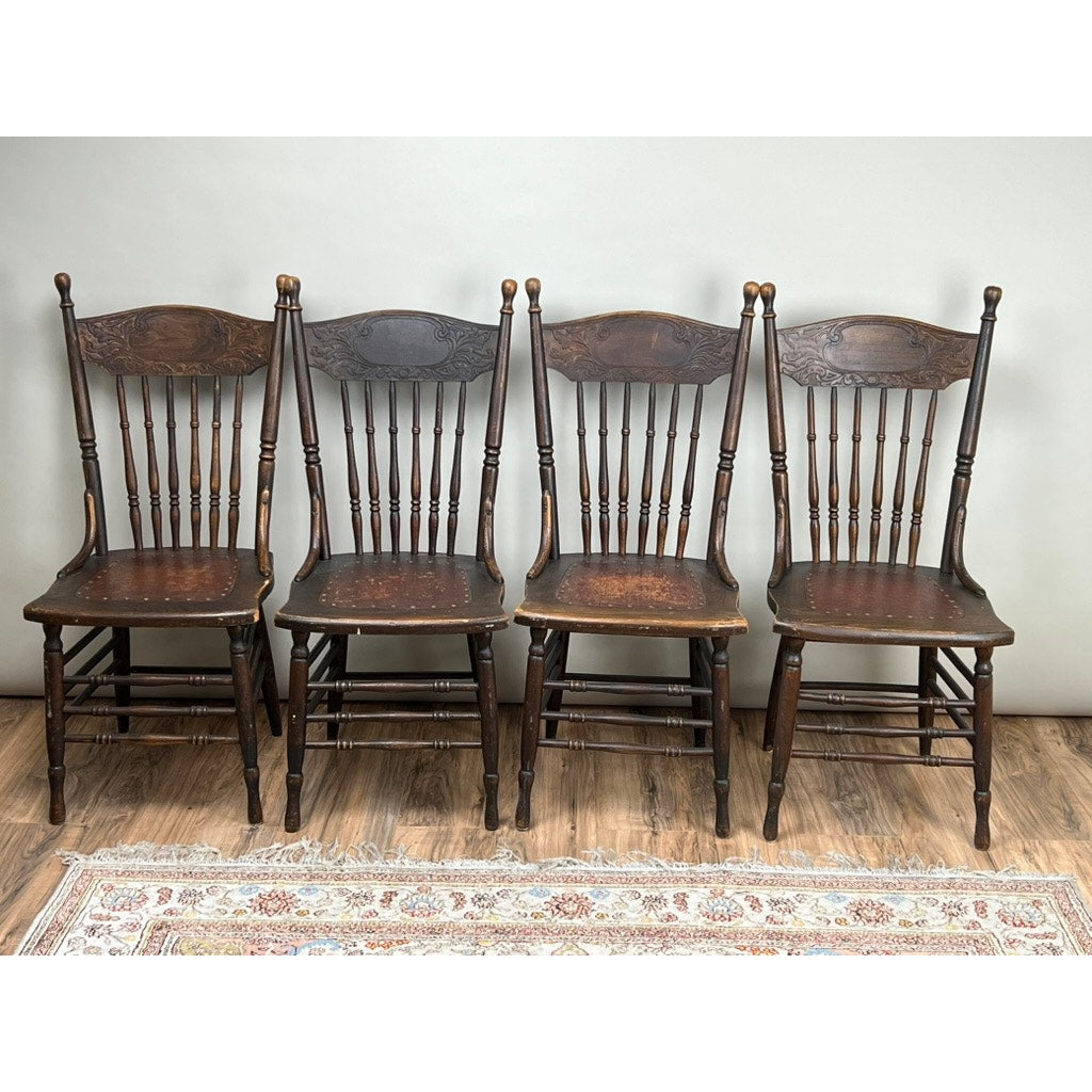 Antique Set of Four Press Back Chestnut Dining Chairs c. 1900