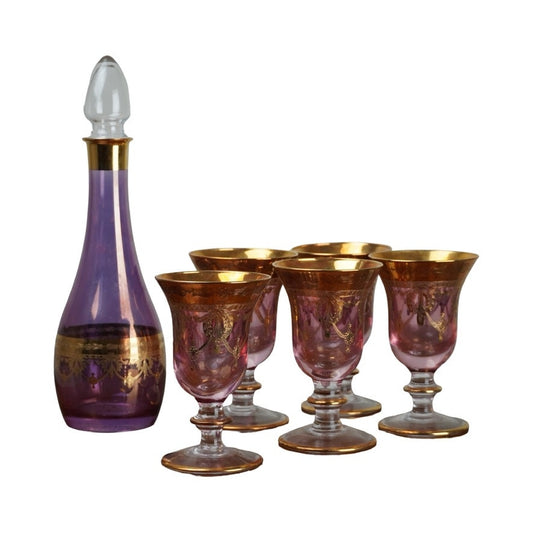 Vintage Six Piece Italian Amethyst Glass Decanter Set with 22k Gold Accents c. 1960