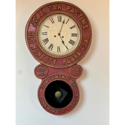 A vintage "Jolly Tar" Tobacco Advertising Wall Clock after Baird Clock Co., in red and beige with Roman numerals, features ads for Finzer Bros. tobacco brands: Jolly Tar Pastime, Old Honesty, Plank Road, Boot Jack, and Five Bros.