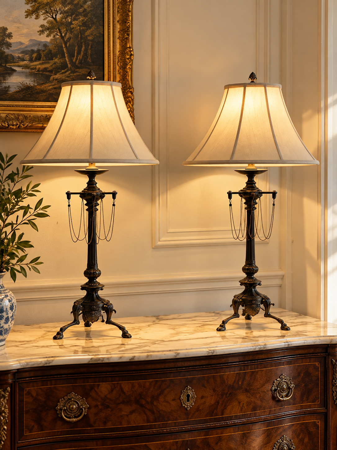 A pair of Vintage Pair French Empire Revival Table Lamps with Oil Rubbed Bronze Finish featuring fabric shades and dangling chain details, sitting on a marble-topped dresser.