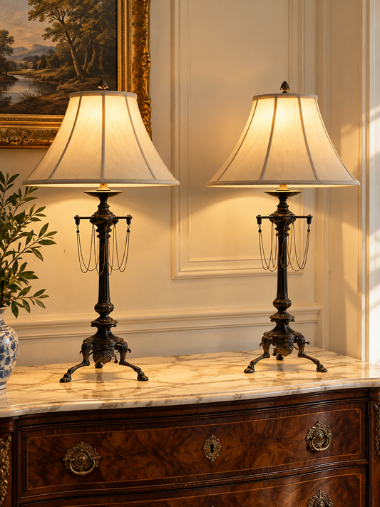A pair of Vintage Pair French Empire Revival Table Lamps with Oil Rubbed Bronze Finish featuring fabric shades and dangling chain details, sitting on a marble-topped dresser.