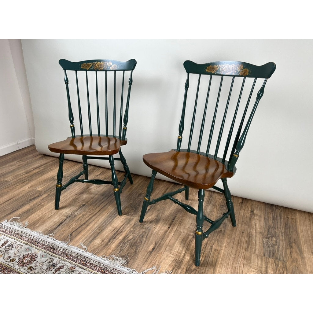 Green Hitchcock Windsor chairs with harvest maple seats vintage pair