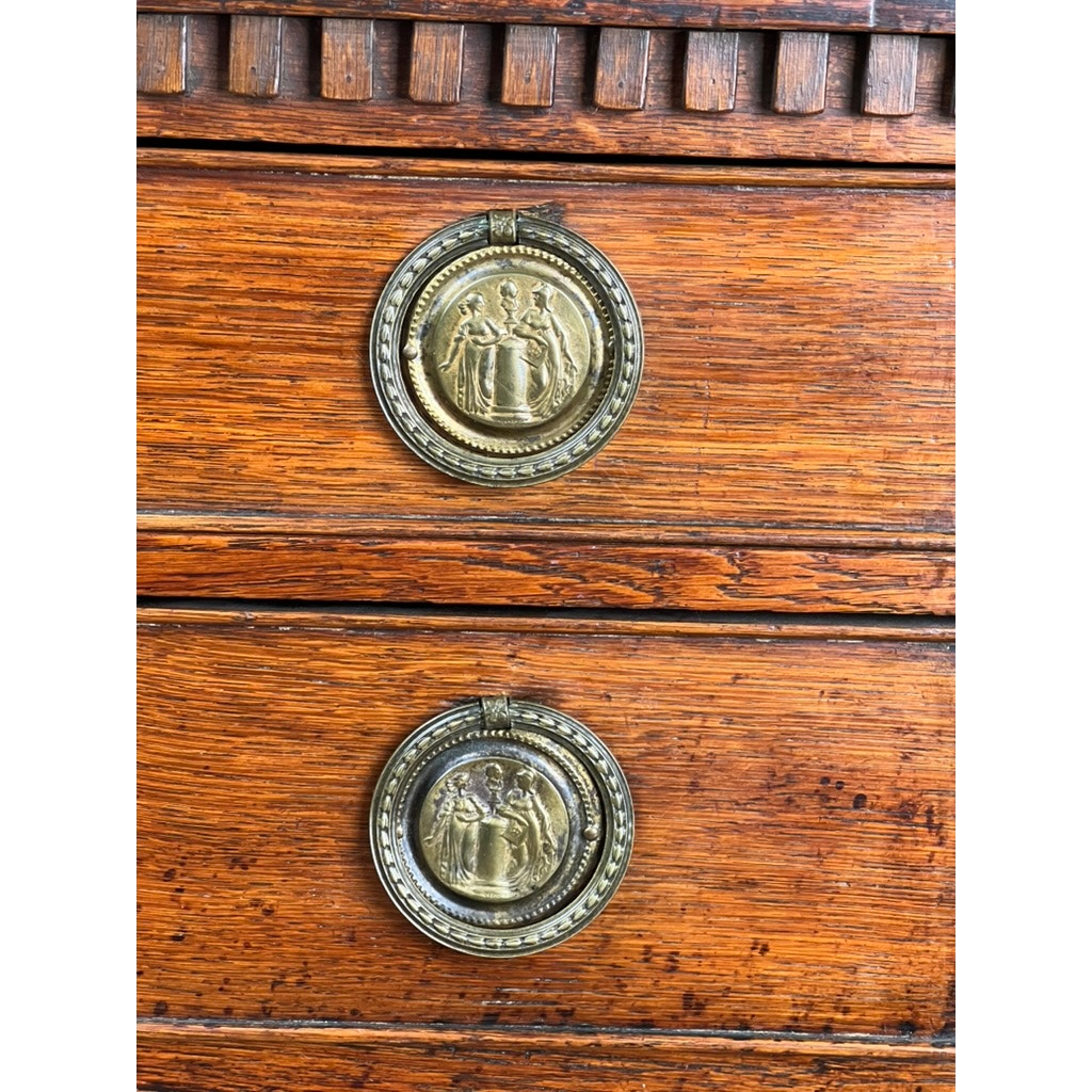 Original hardware detail on antique Louis XVI oak bachelors chest, 18th century