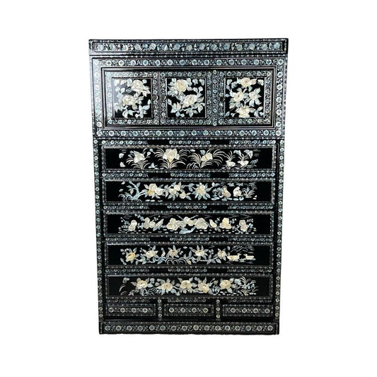 Vintage Korean Black Lacquer and Abalone Shell Inlaid Chest