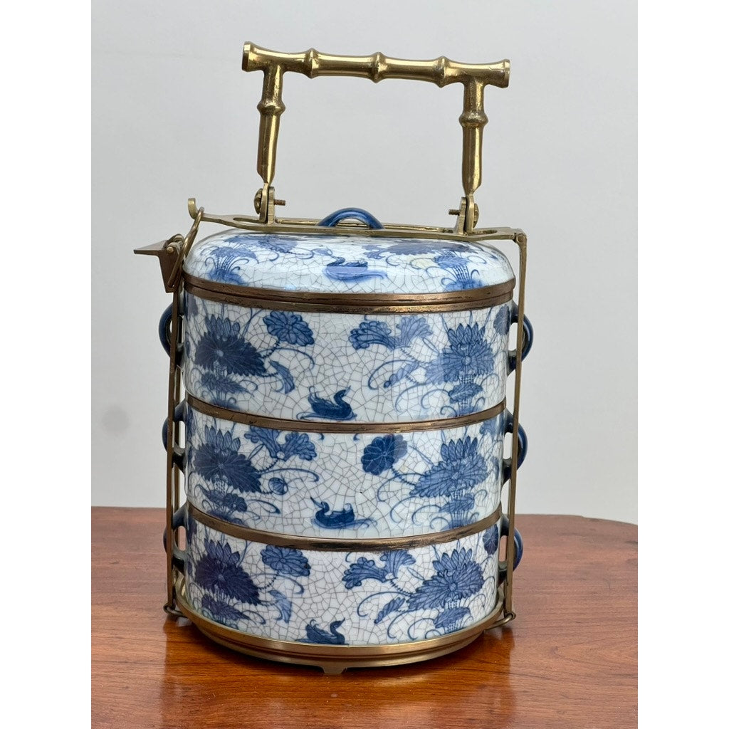 Antique Blue and White Porcelain Three Tier Tiffin Carrier c. Early 20th Century