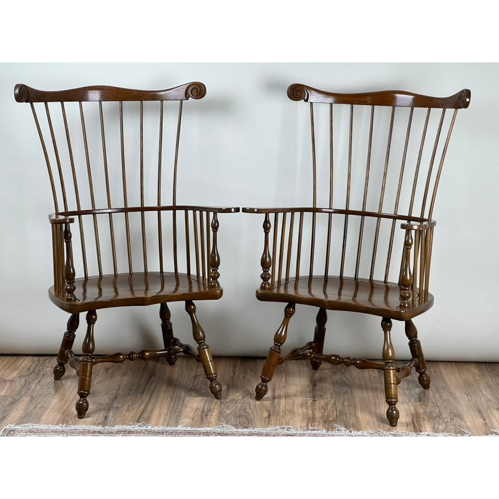 Pair of Stickley cherry Windsor chairs with tall spindle backs and scrolled crests