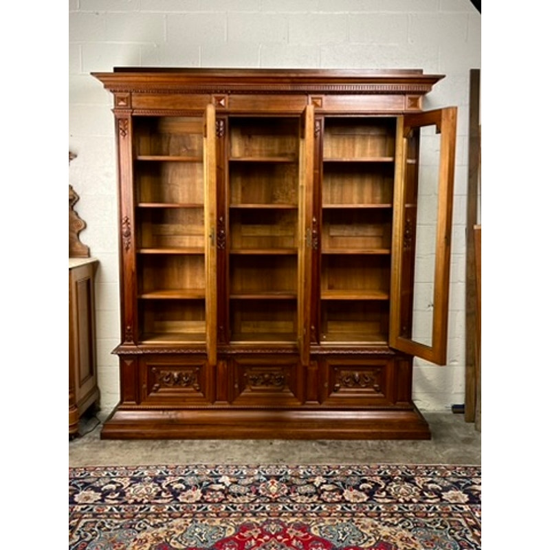 Antique Monumental French Renaissance Revival Solid Walnut Glass Door Bookcase c. Early 20th C.