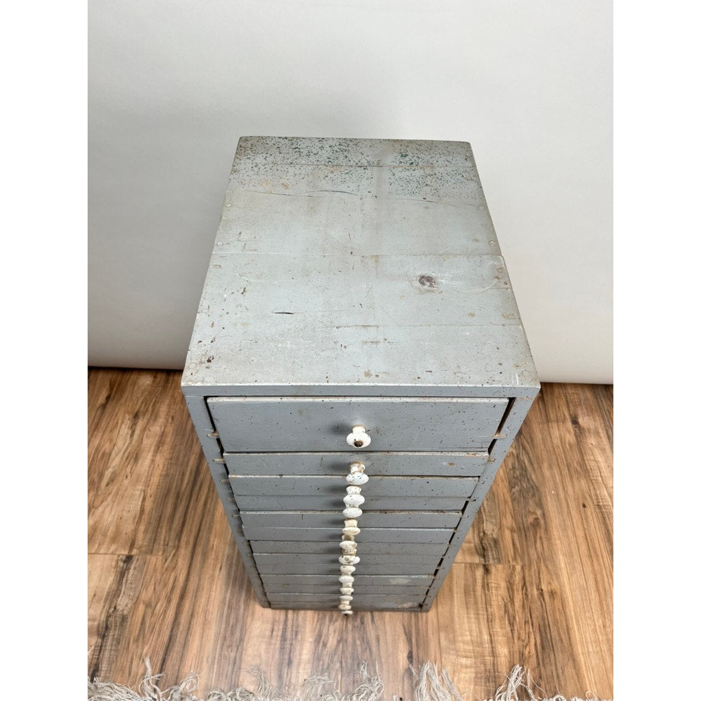 Antique Primitive Industrial Multidrawer Parts Cabinet with Porcelain Pulls