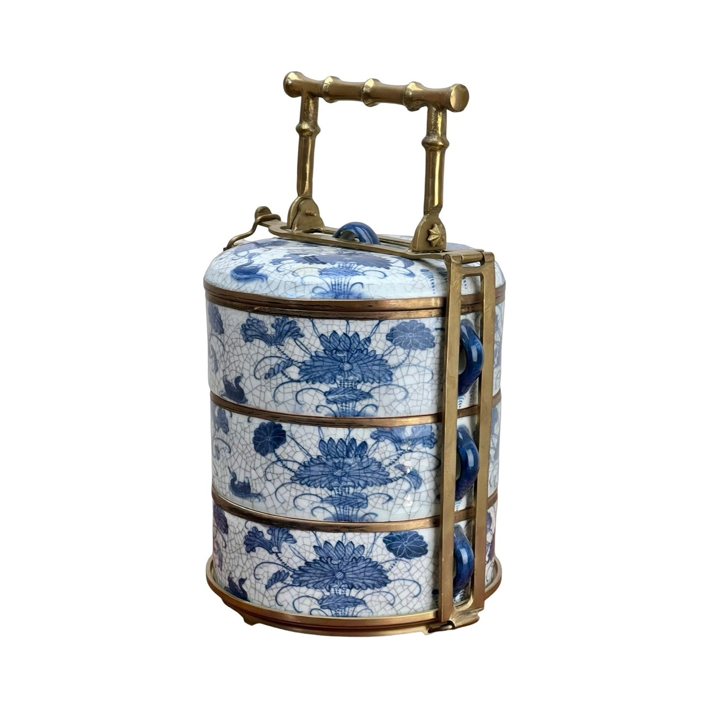 Antique Blue and White Porcelain Three Tier Tiffin Carrier c. Early 20th Century