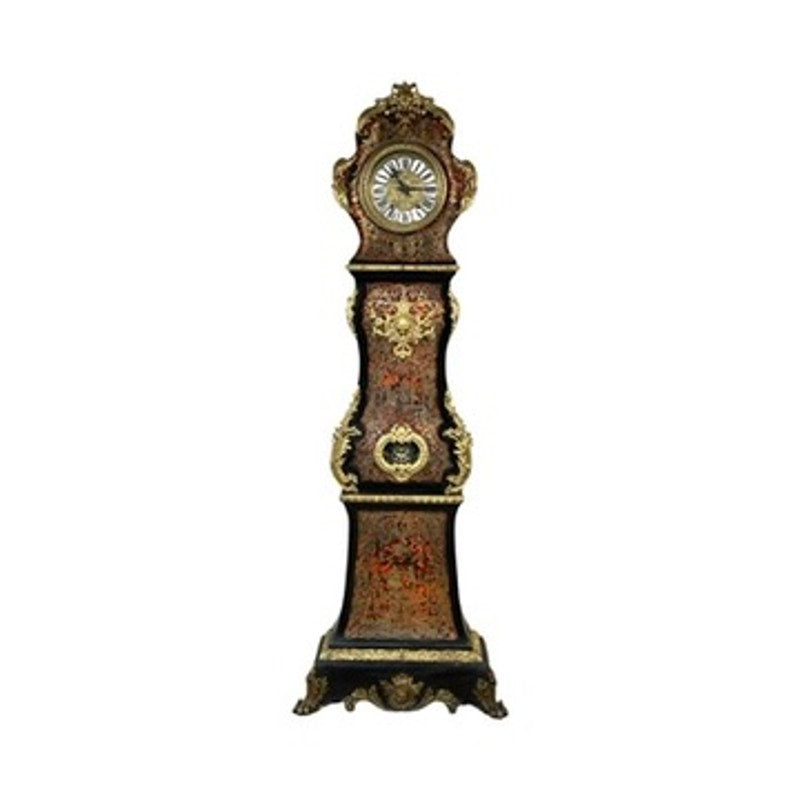 A monumental French Napoleon III Boulle marquetry floor clock with ormolu mounts, dating from circa 1865–1885, featuring gold detailing, a decorative base, and a round clock face with Roman numerals. Set against a plain white background, this antique showcases the finesse of French decorative artistry.