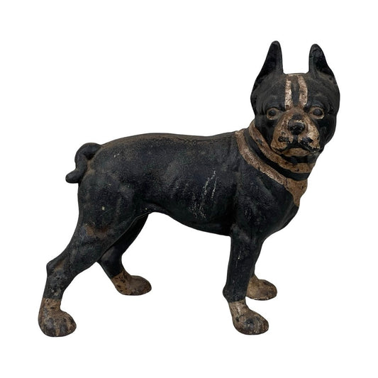 Antique Cast Iron Boston Terrier Doorstop by Hubley, painted black with white face and chest markings, features perked ears and a short tail; perfect vintage dog figurine décor.