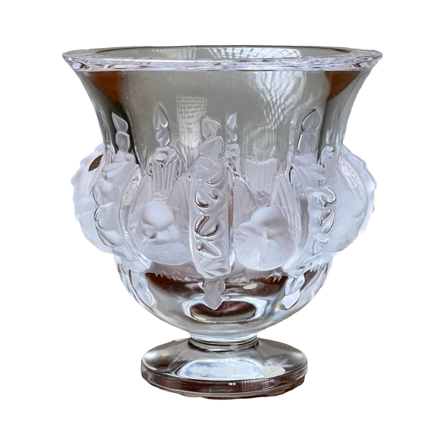 The Vintage Lalique Dampierre Sparrow Footed Vase by Lalique features ornate French crystal with frosted relief sparrows, a wide rim, and a short pedestal base—a collectible echoing the iconic Dampierre design.