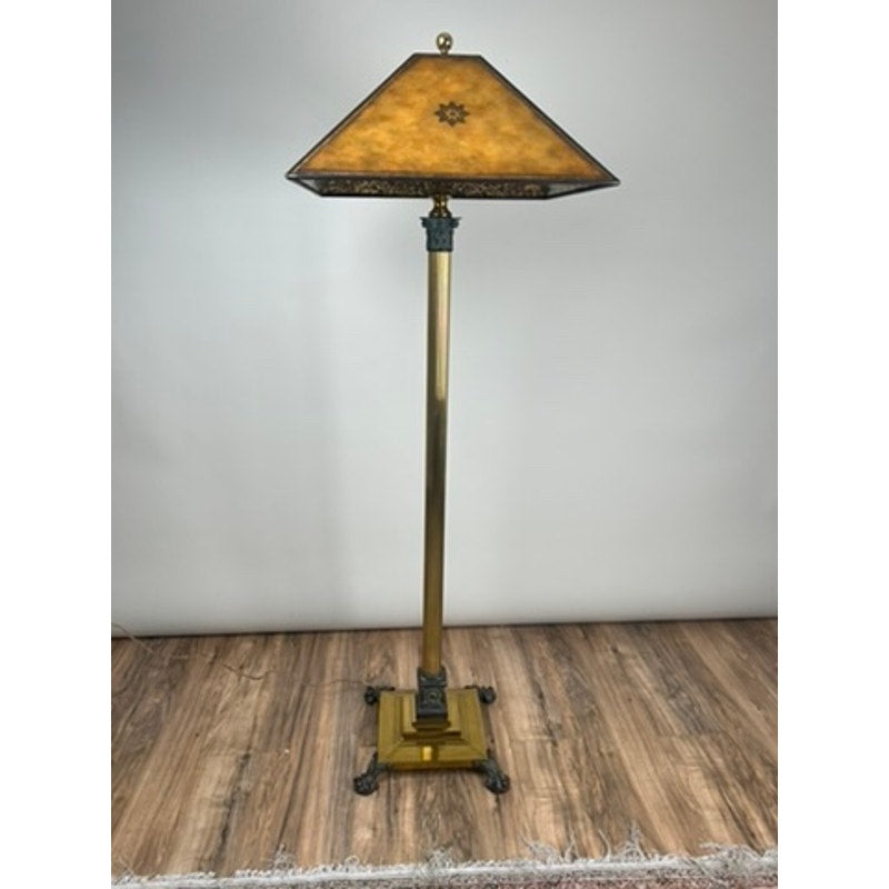Vintage Maitland Smith brass and bronze floor lamp with leather shade