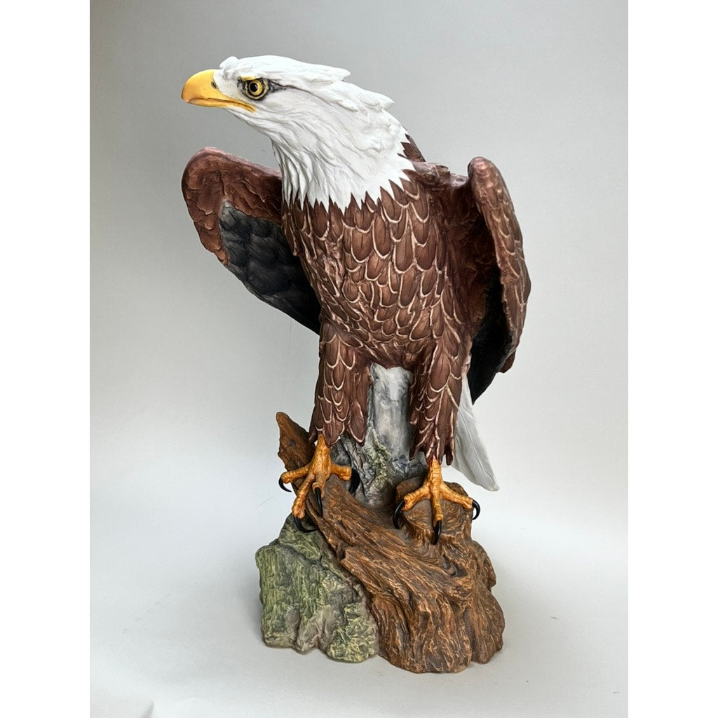 Rare Kaiser Porcelain American Bald Eagle Sculpture, Limited Edition No. 12/200, W. Germany, features a majestic eagle with brown feathers, white head, and yellow beak perched on a wood-textured rocky base.
