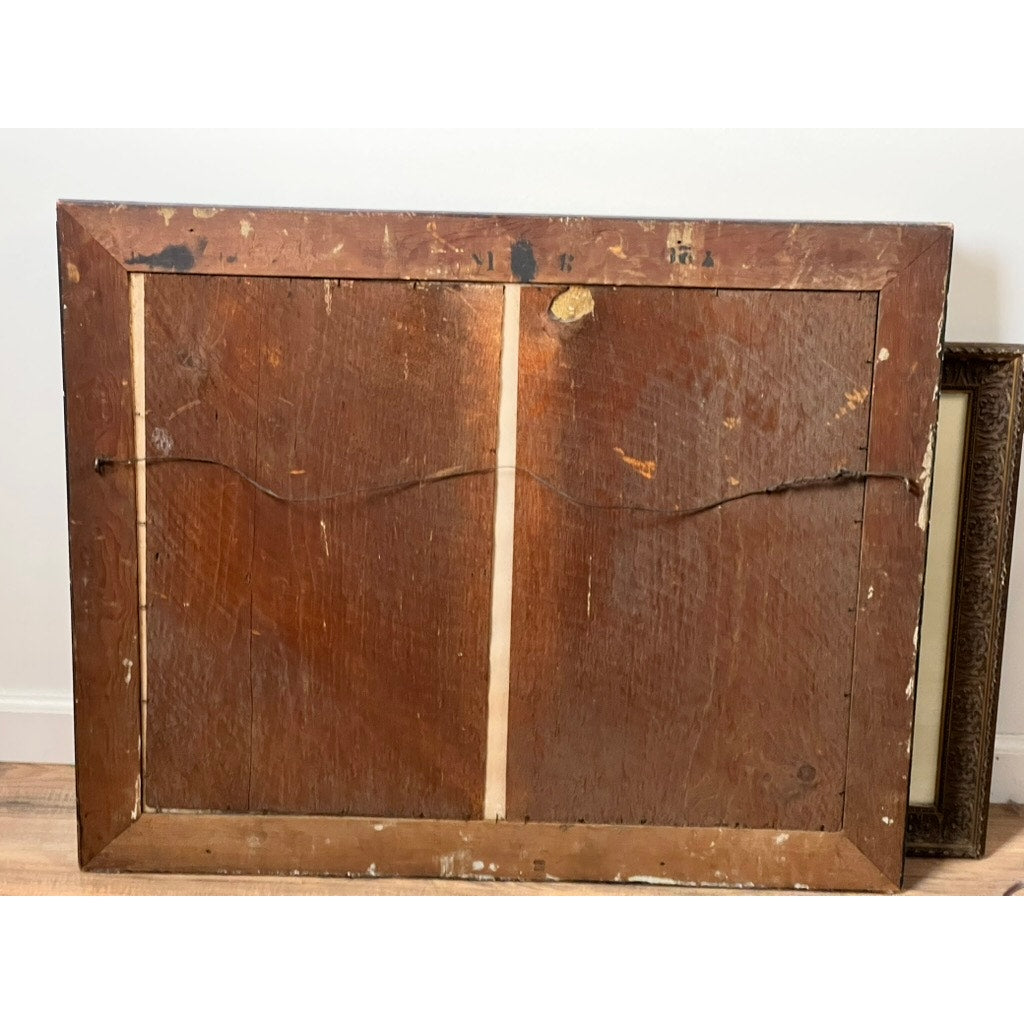 The image shows the back of a large, worn wooden picture frame with a wire for hanging—likely once home to an antique “Washington and His Family” engraving in its period gilt frame, published by Bradley & Co., Philadelphia, 1858. Part of another ornate frame is visible leaning against it on the right side.