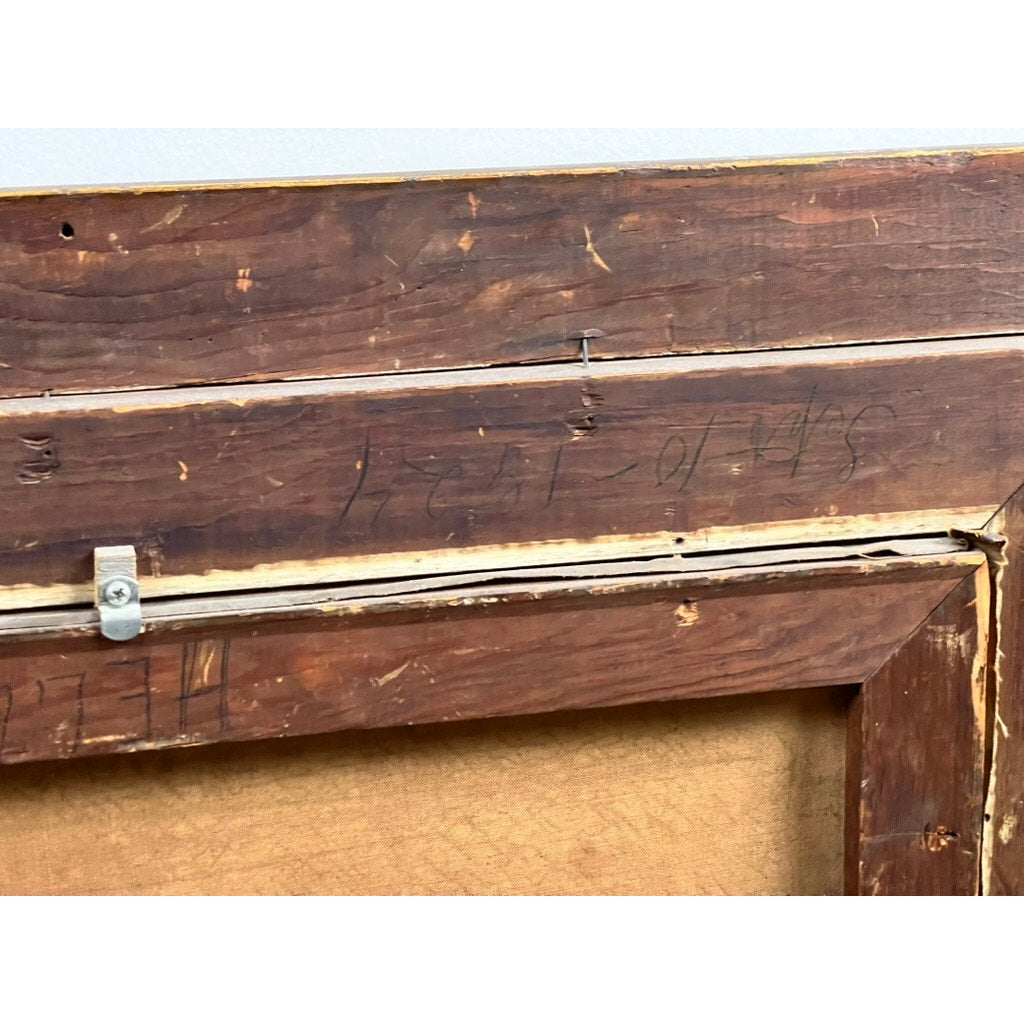 Close-up of a worn, scratched wooden frame with visible grain, metal hardware, and markings “54-10-431.” This frame once housed the Antique Early 20th Century Oil on Canvas “Spectacle Bridge” signed Arthur Davis lower left.