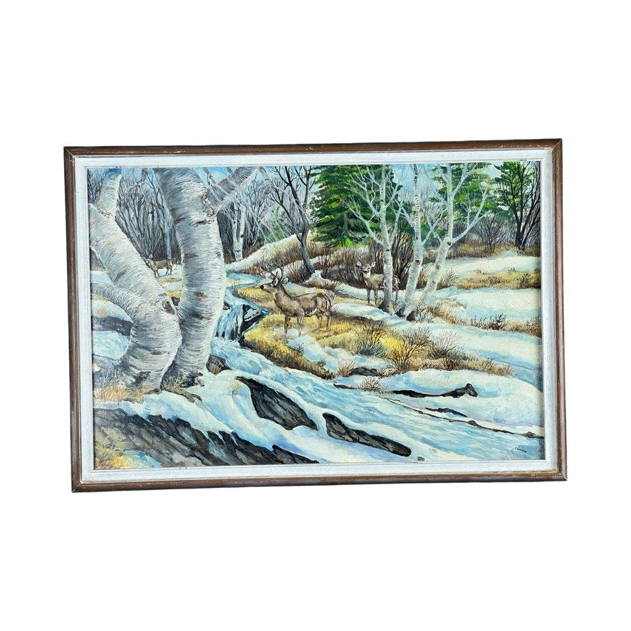 Oil on Board Painting “Deer by the Winter Stream” by Roc Caivano