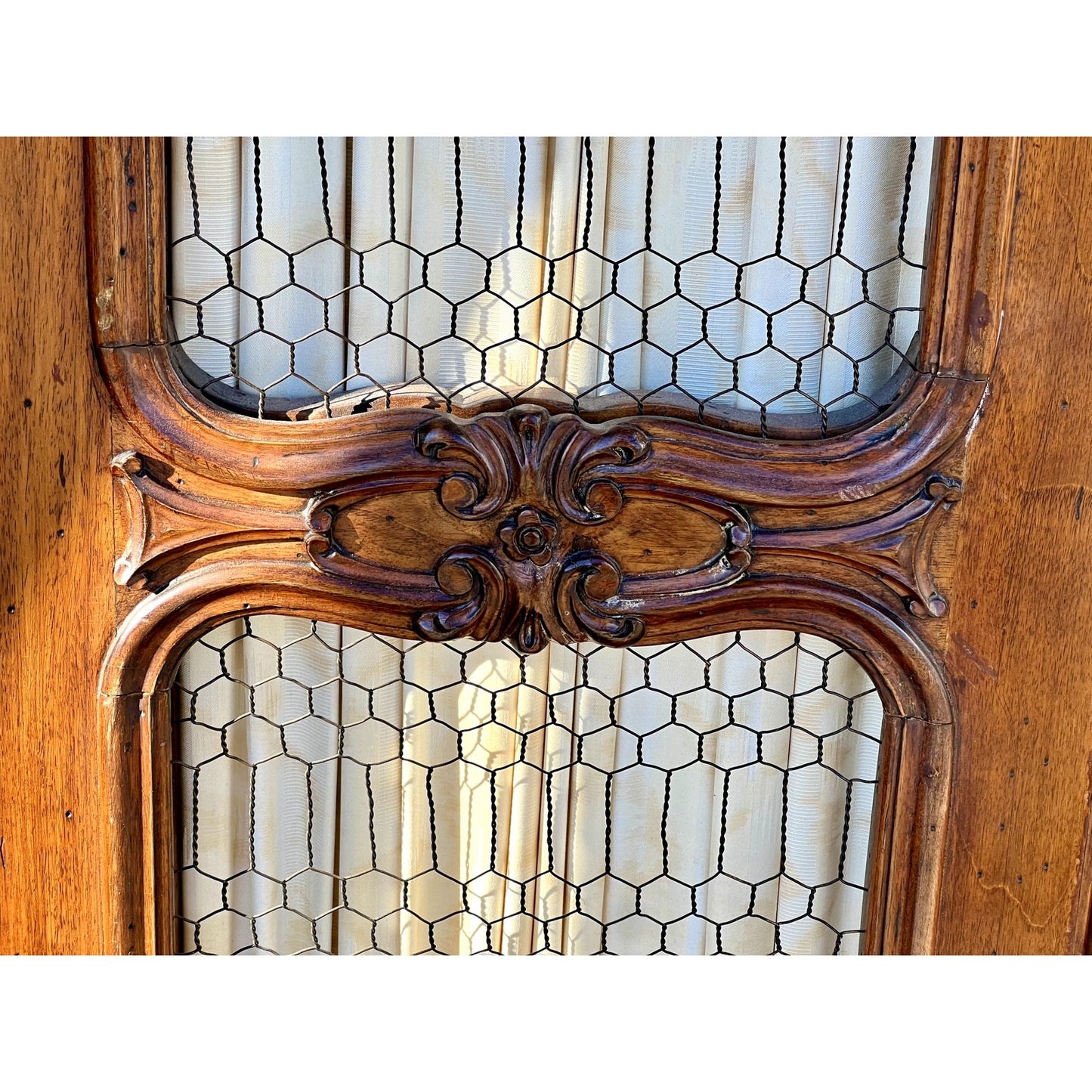 Vintage 20th Century Carved Walnut Louis XIV Style Armoire with Custom Upholstered Interior