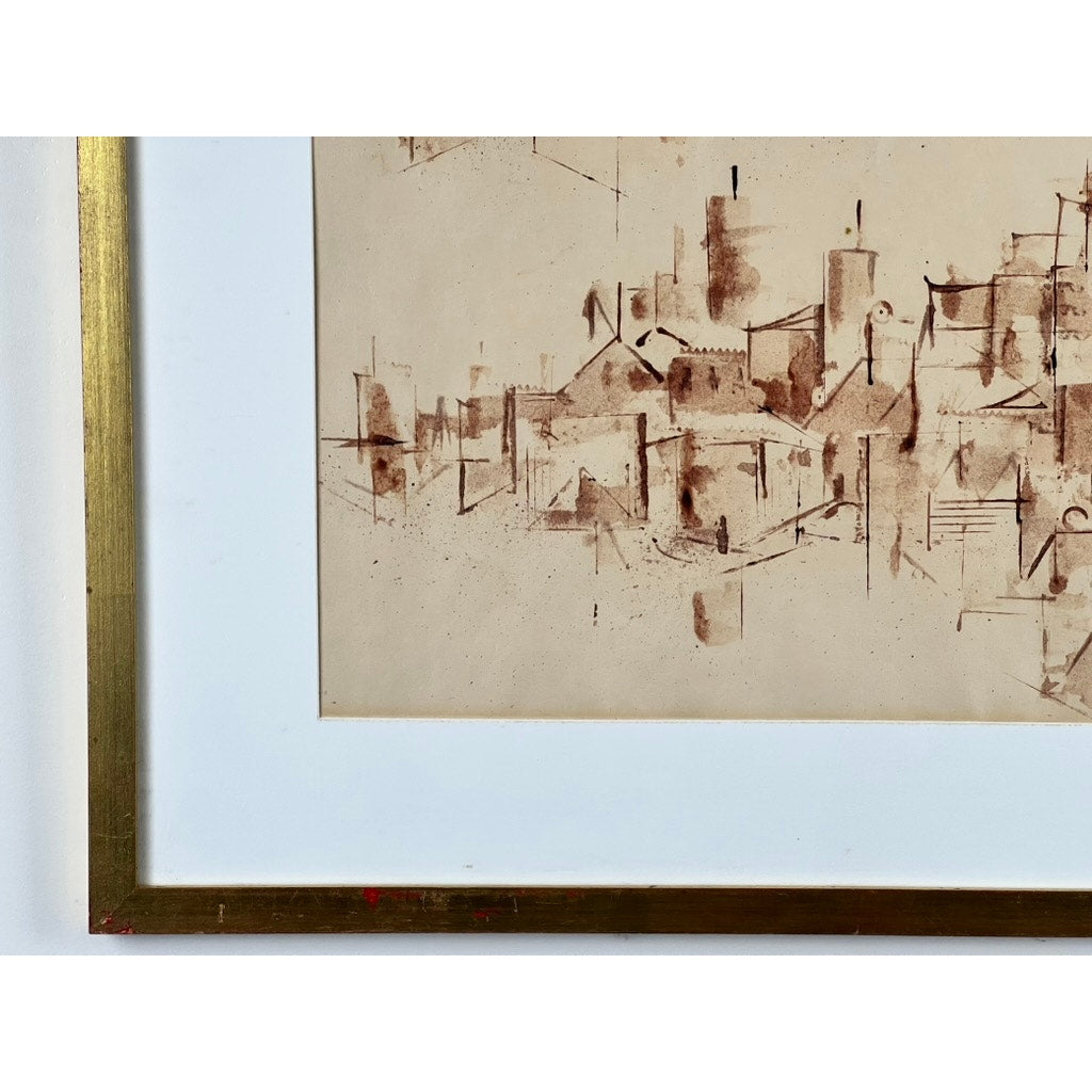Walter Kamys “Assissi” (1955), ink on paper, signed lower right with gallery label en verso. Features abstract brown geometric cityscape shapes on beige paper, partially shown in white mat and gold frame. Brand unknown.