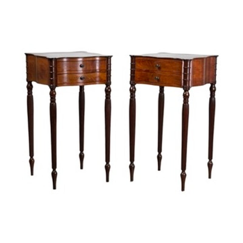 Pair of American Classical Revival Mahogany Two-Drawer Work Tables with two drawers and tall, tapered legs.