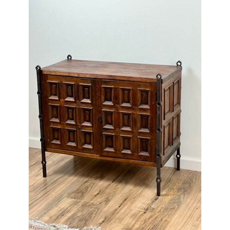 Vintage Spanish Brutalist Cabinet in Stained Pine and Iron