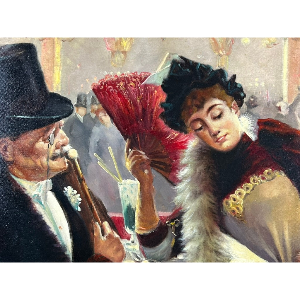 A man in a top hat and a woman with a red fan mingle at an elegant event, capturing the Belle Époque spirit in "Painting Oil on Canvas After Paul Cesar Helleu ‘Visiting the Moulin Rouge,’" spuriously signed lower left.