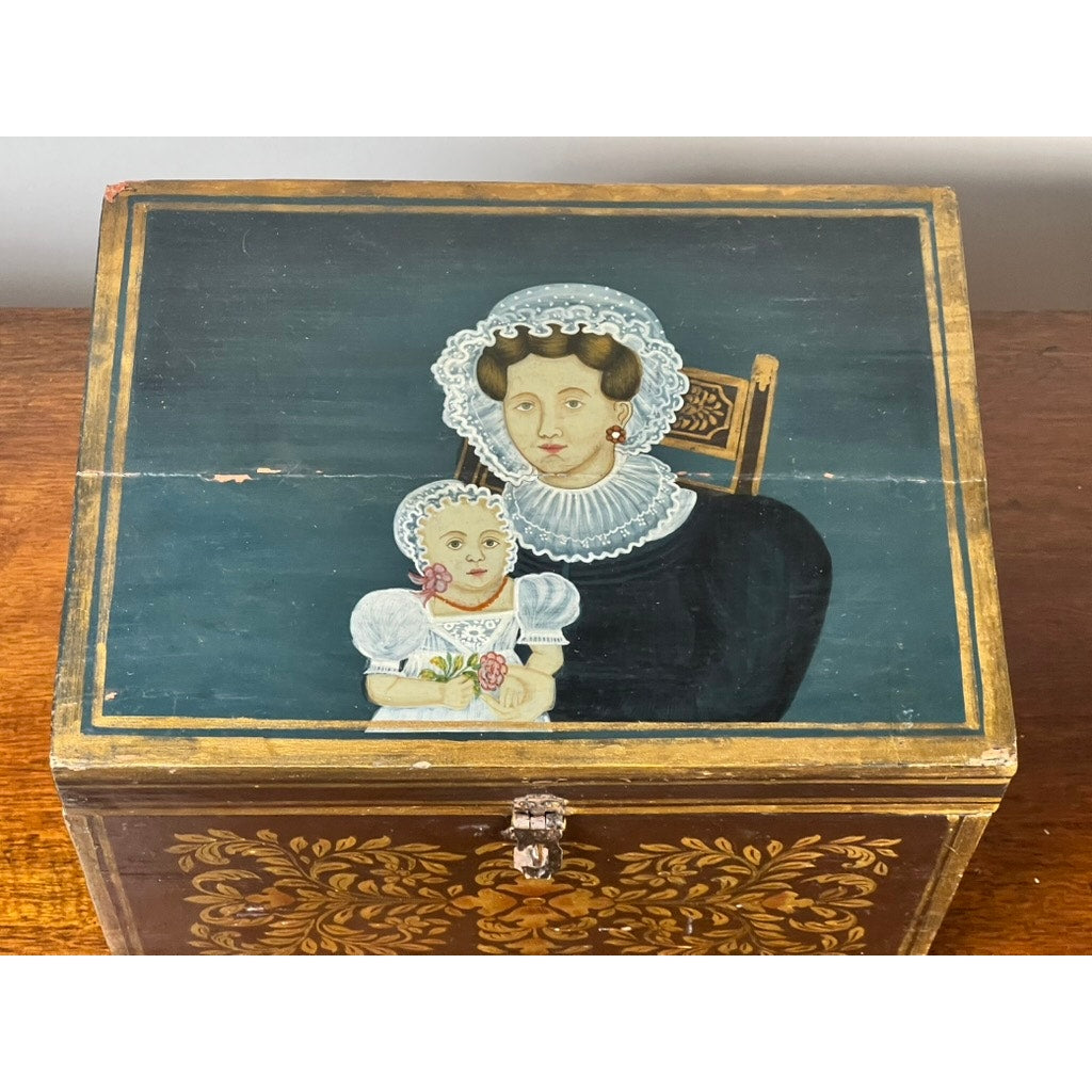Antique New England Folk Art Painted Portrait Document Box, c. 1840–1860, featuring a hand-painted lid with a mother and child in period attire, gold borders, and floral accents. Brand: Unknown.