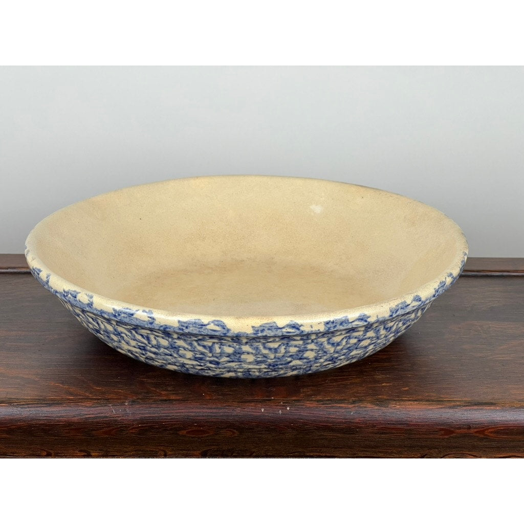 The Robinson Ransbottom Roseville Blue Spongeware Pasta Bowl features a shallow, round ceramic shape with a beige interior and rim, and a blue speckled exterior reminiscent of vintage American stoneware.