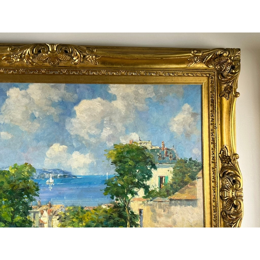 Close-up of ornate gold frame on Vintage Oil on Canvas Impressionist Painting of Summer Coastal Scene, signed P. Maris, showing blue sky, clouds, trees, buildings & distant sailboats. Brand: None/Unknown.