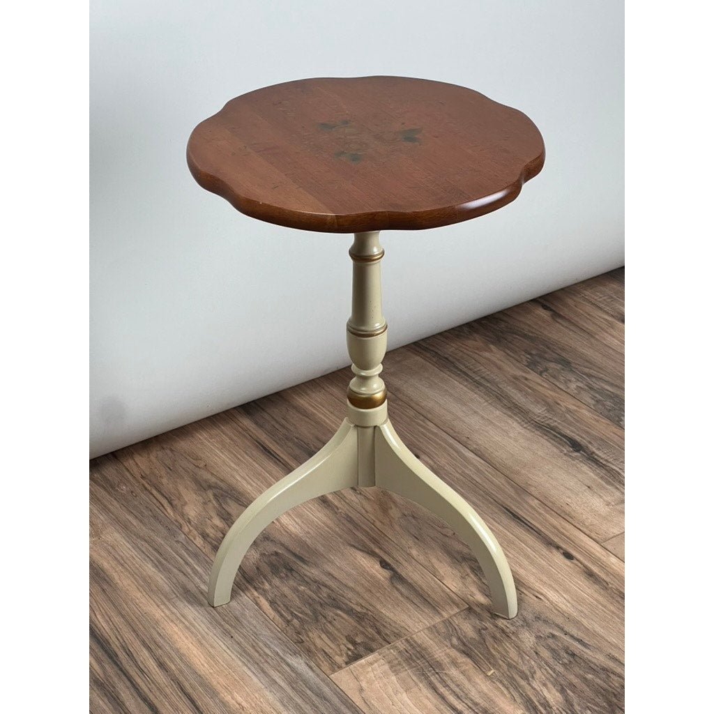 Round Hitchcock maple candle stand with painted pedestal and gilt accents