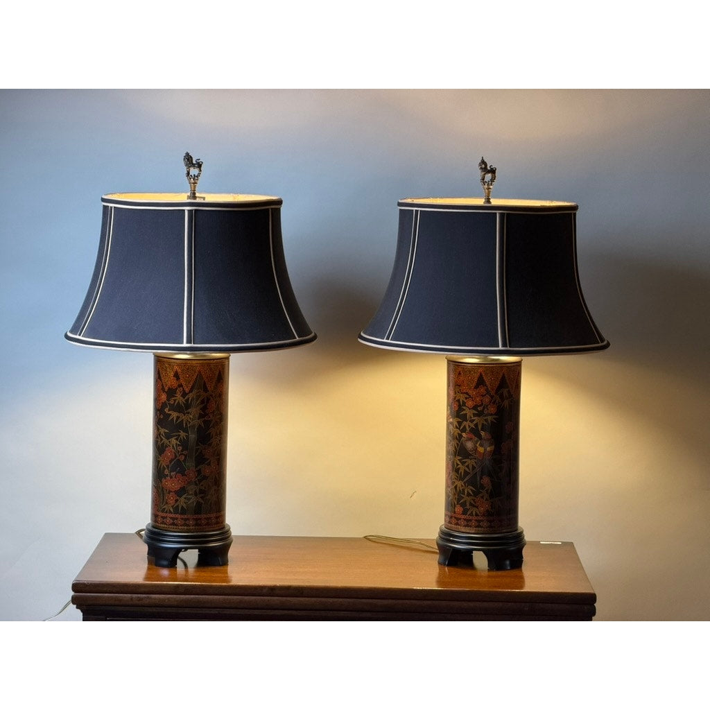 Pair of Frederick Cooper Chinoiserie Lacquer Table Lamps with Foo Dog Finials, 2003