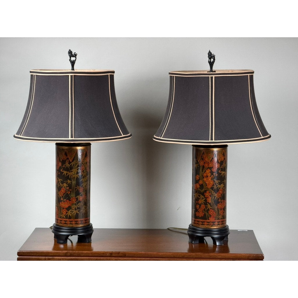 Pair of Frederick Cooper Chinoiserie Lacquer Table Lamps with Foo Dog Finials, 2003