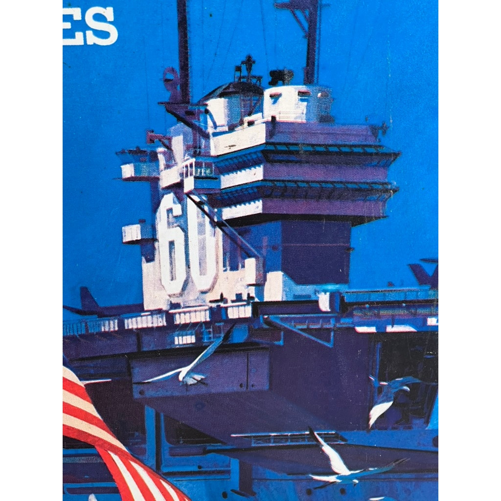 A close-up illustration inspired by Vietnam Era U.S. Navy recruiting signs decorates this double-sided tin sign by Lou Nolan, featuring the USS Saratoga's control tower marked "60," seagulls, and part of an American flag.