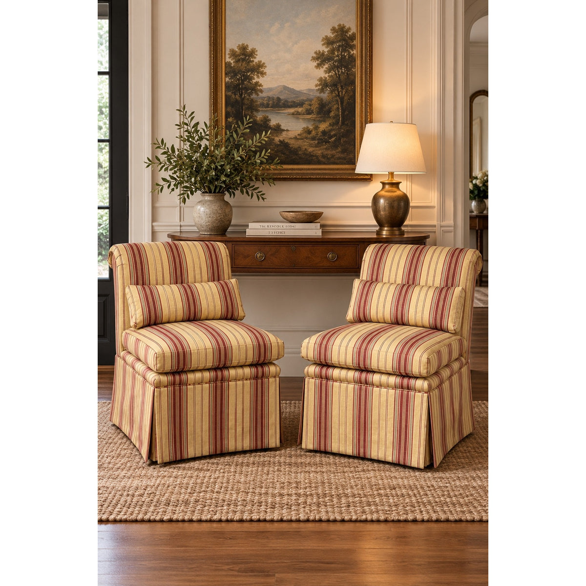 Pair of Upholstered Striped Slipper Chairs with Lumbar Pillows