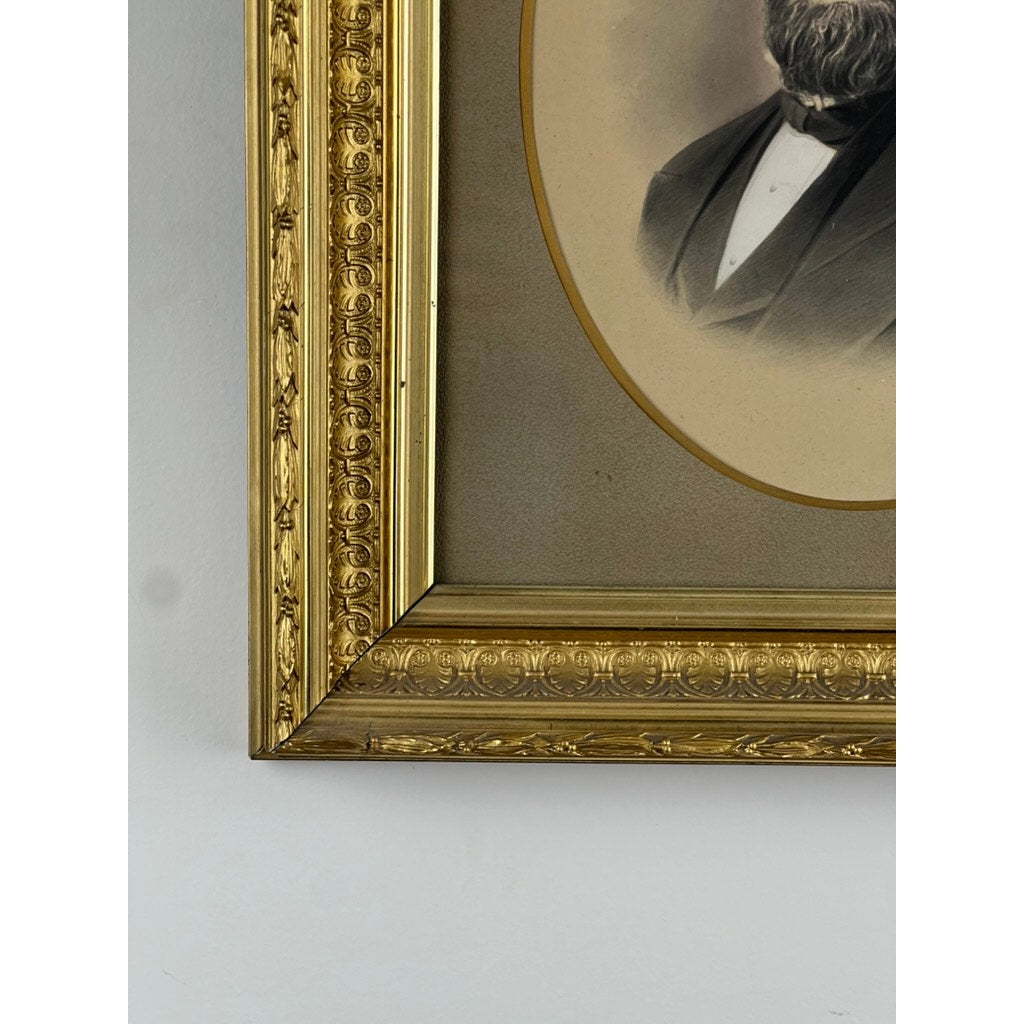Close-up of the lower left corner of an Antique Civil War Era Portrait of a Gentleman in a gilt wood frame, showing only the shoulder and part of the chest—an example of 19th-century photography. Brand: Unknown.