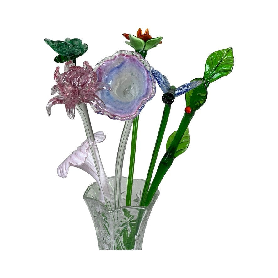 The Vintage Bouquet Murano Art Glass Long Stem Flowers and Butterflies features a clear glass vase filled with colorful, hand-blown flowers and butterflies in pink, purple, green, blue, and white—a stunning vintage Murano centerpiece.