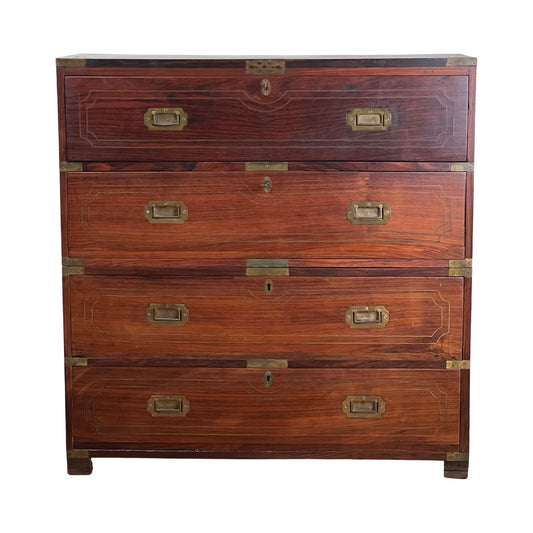 Antique English Teak Campaign Secretary with Brass Inlay and Banding Campaign Secretary c. Mid 19th Century