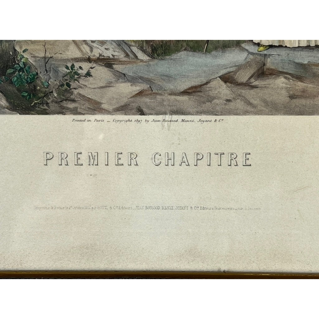 A close-up of an Antique Goupil Photogravure, “Premier Chapitre” after François-Edmond Outin, Paris, 1897, showing large outlined French text, faint publication details below, and part of an illustrated scene above.