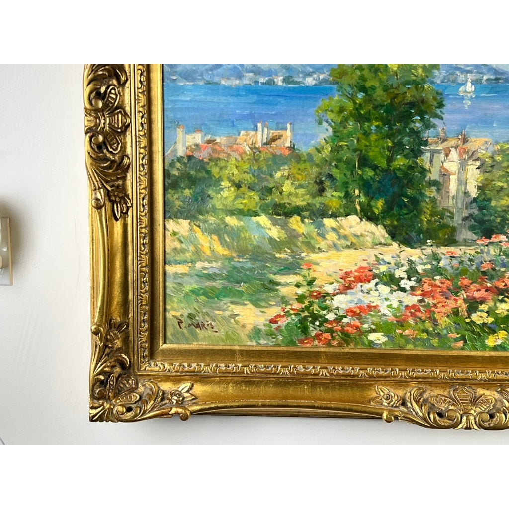 Vintage Oil on Canvas Impressionist Painting of Summer Coastal Scene, signed P. Maris; features a gold ornate frame, vibrant landscape with trees, flowers, distant buildings, blue water, and a bright sky. Brand: unknown.