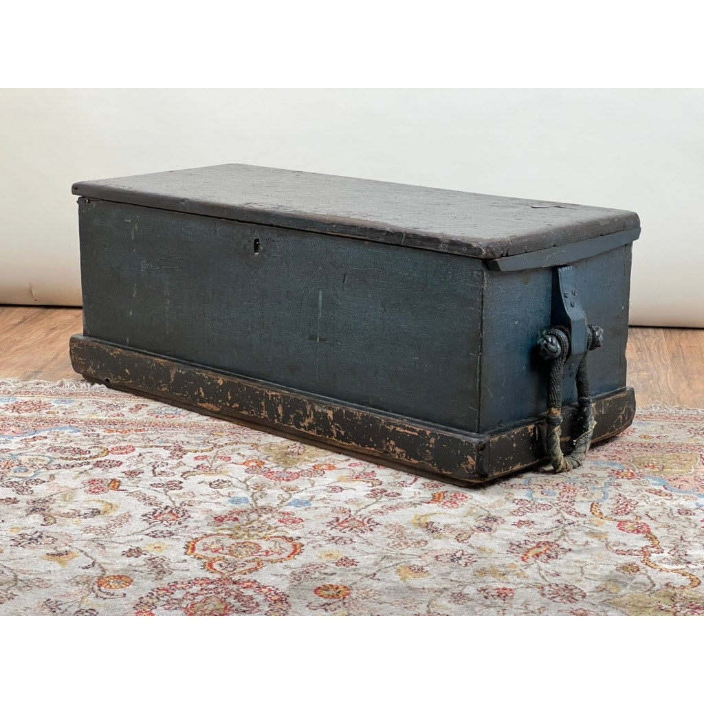 Antique Early 19th Century Becketed Maine Sea Chest in Original Blue Paint