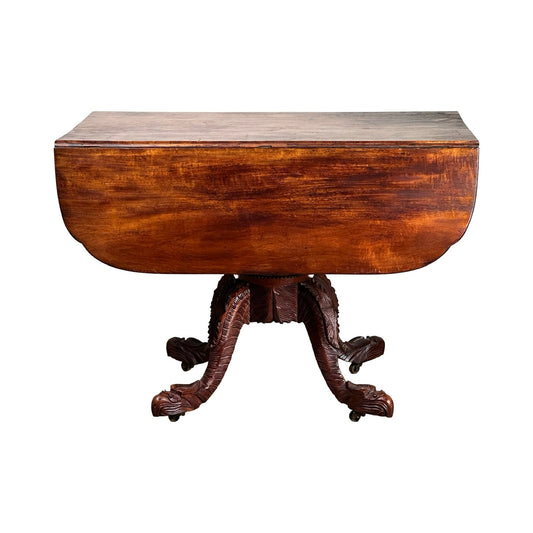 Antique American Empire Drop Leaf Table with Great Eagle Carved Feet c. 1840, featuring a polished finish and carved legs, displayed against a white background. Brand: None/Unknown.