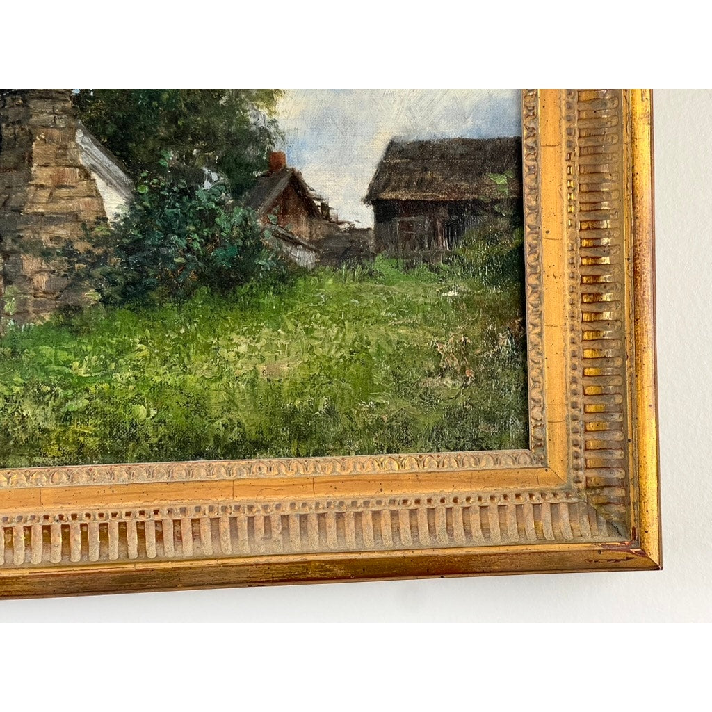 Close-up of an Antique American School Farmstead Landscape Oil Painting, Circa 1900, showing a grassy yard with old wooden buildings and a stone wall in an ornate gold ridged frame with a subtle sheen. Brand: Unknown.