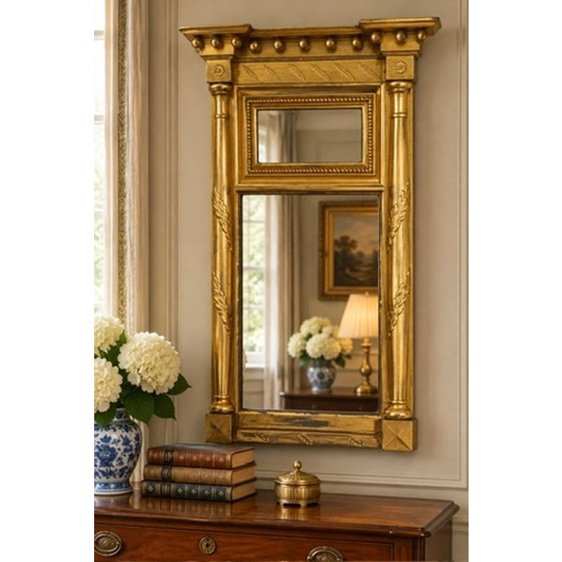 American Federal Giltwood Two-Plate Looking Glass, Probably Massachusetts, circa 1810–1830: a rectangular giltwood wall mirror with two stacked glass panels, framed by classical columns and a decorative cornice.