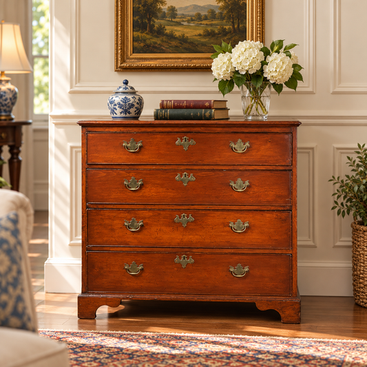 An Antique Chippendale Pine Graduated Four Drawer Chest c. Late 18th Century Attr. Northampton MA Maker topped with a blue and white jar, a stack of books, and a glass vase of white hydrangeas.