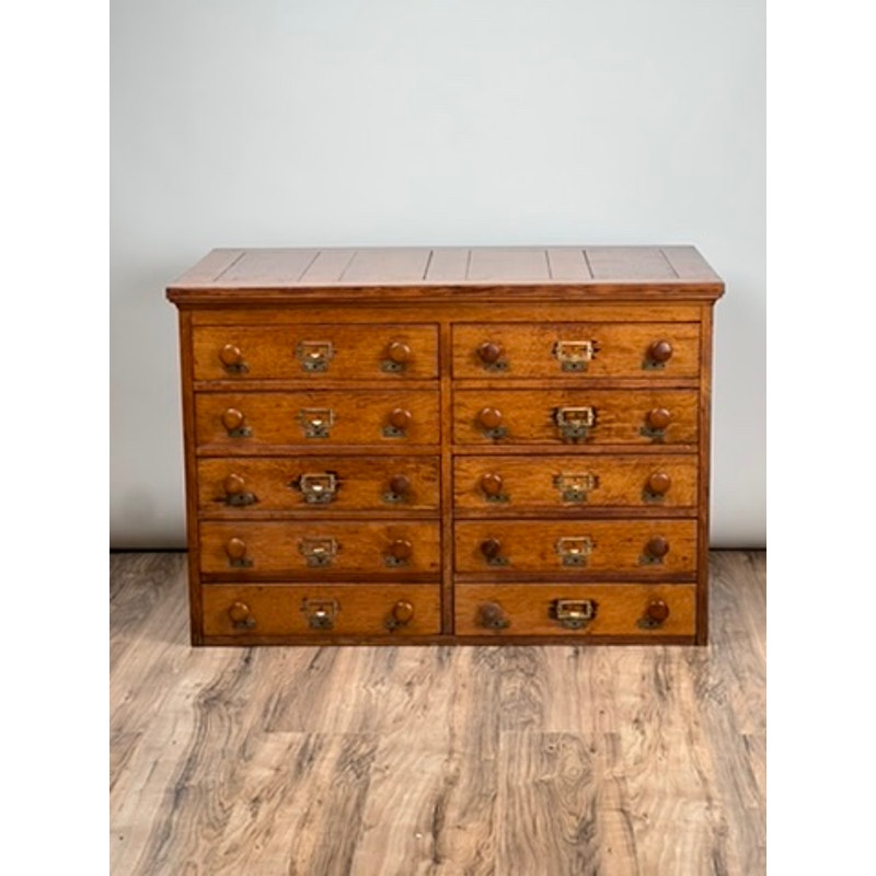 Antique oak multi-drawer file cabinet, early 20th century, functional antique storage.