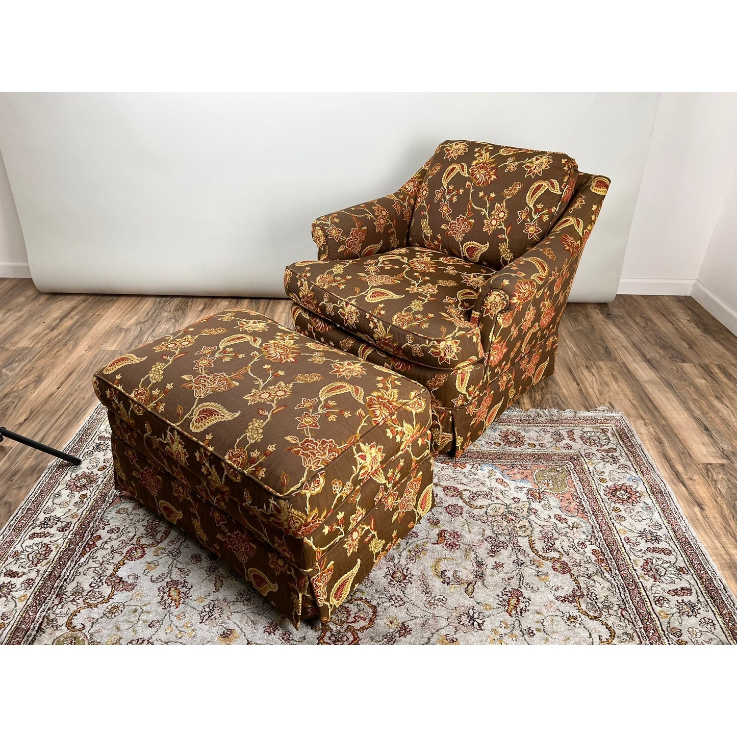 Vintage rolled arm club chair with ottoman in decorative fabric