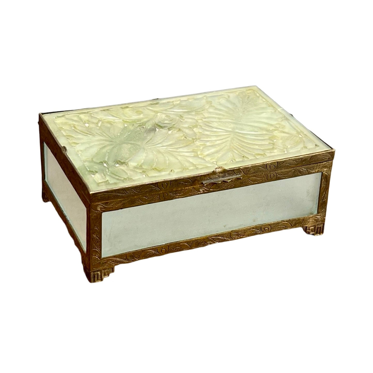 Antique Chinese Brass Bound Jade and Frosted Glass Dresser Box Pearl City Antiques Antique Chinese Brass Bound Jade and Frosted Glass Dresser Box Pearl City Antiques