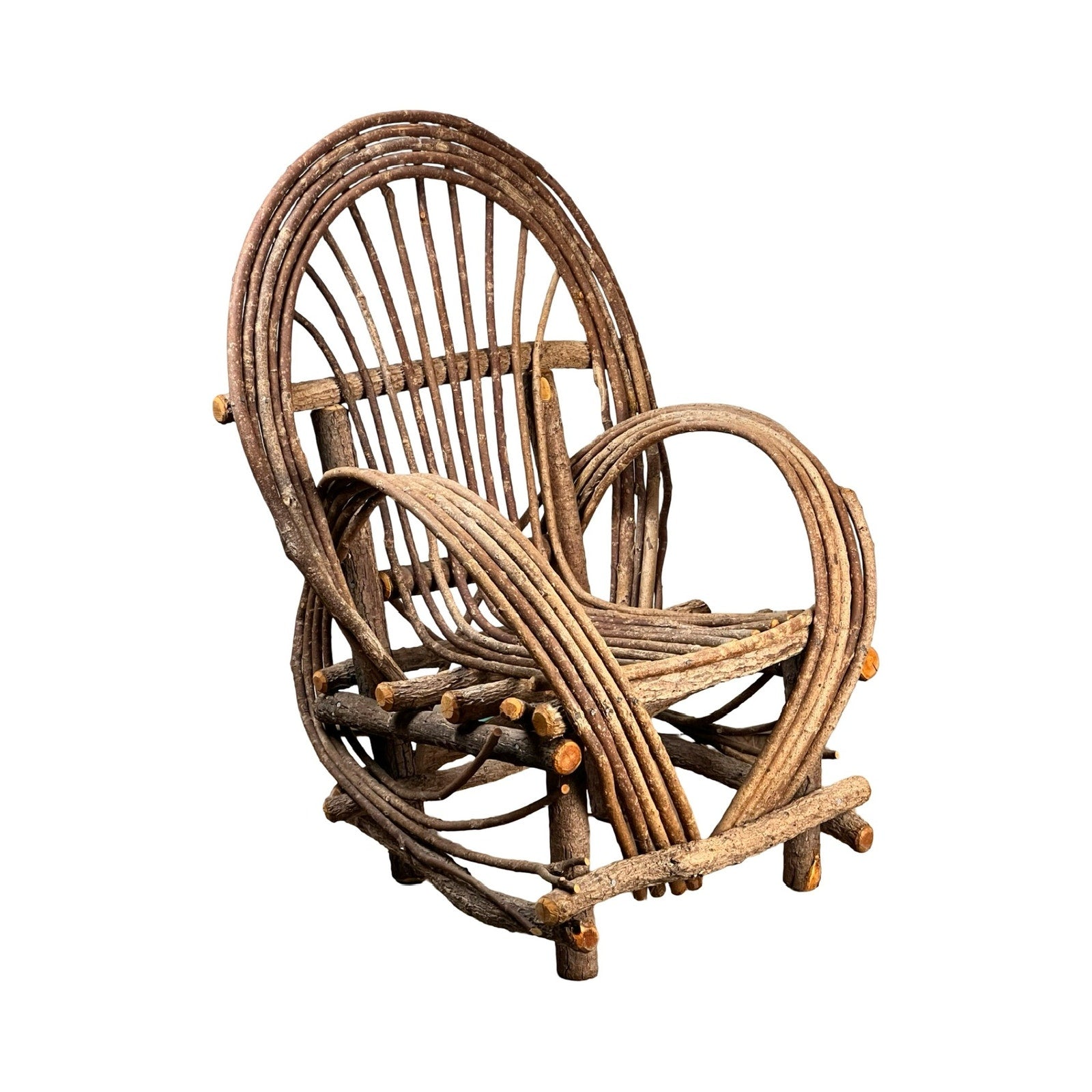 The Vintage Adirondack Bent Willow Arm Chair features bent wood branches, an arched backrest, wide armrests, and a sturdy frame in a handcrafted rustic style. Brand: None/Unknown. Shown on a white background.