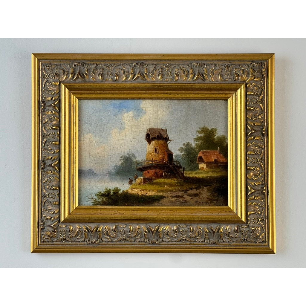 Antique Continental School oil on canvas landscape, signed “Brüguer,” circa 1880-1910, depicting a riverside scene with windmill. Framed in an ornate gold frame with detailed floral patterns. Brand: Unknown.
